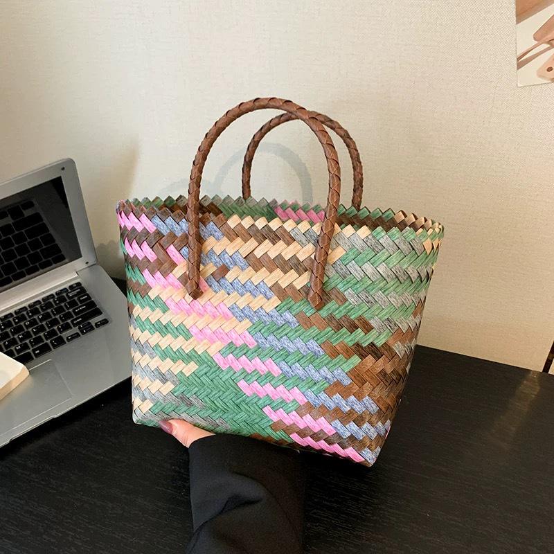 Elegant Handmade Bamboo Woven Tote – Stylish Rattan-Style Beach & Makeup Bag