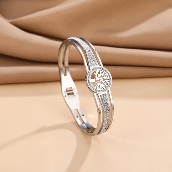 Lady Bangle Cubic Zirconia Life Tree Decor Hollow Out Electroplated Titanium Steel Bracelet for Prom Daily Dating Gift for Love Ones