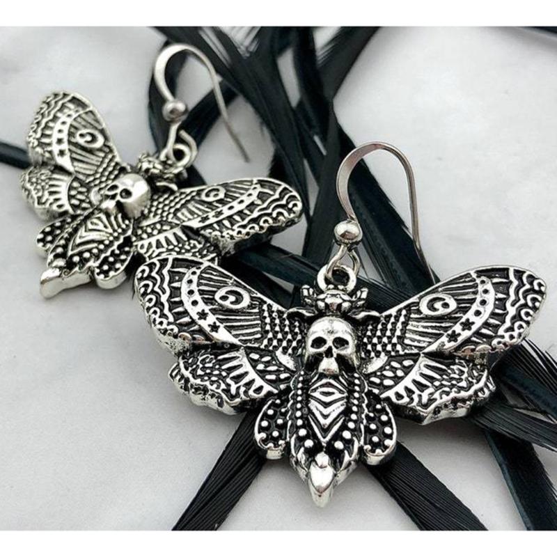 Goth Gothic Death Skull Moth Chain Earrings for Men Women Pendant Choker Earrings Vintage Punk Jewelry New Fashion
