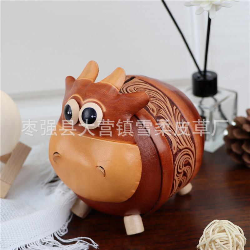 

First Layer Cowhide Calf Piggy Bank Desk Ornament Zodiac Cow Creative Coin Storage Bucket Children S Gifts коричневий