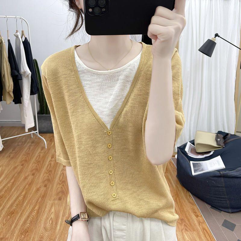 Summer ice silk V-neck fake two-piece short-sleeved knitted sweater for women, Korean loose pullover for women