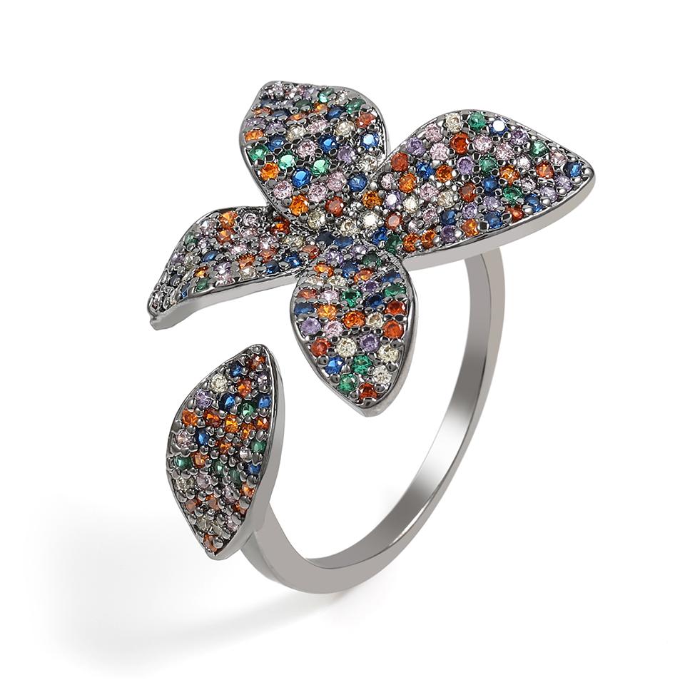 

ZAKOL New Rainbow Zircon Inlay Leaf Zirconia Adjustable Open Rings Luxury Full CZ Wedding Party Zircon for Women resizable