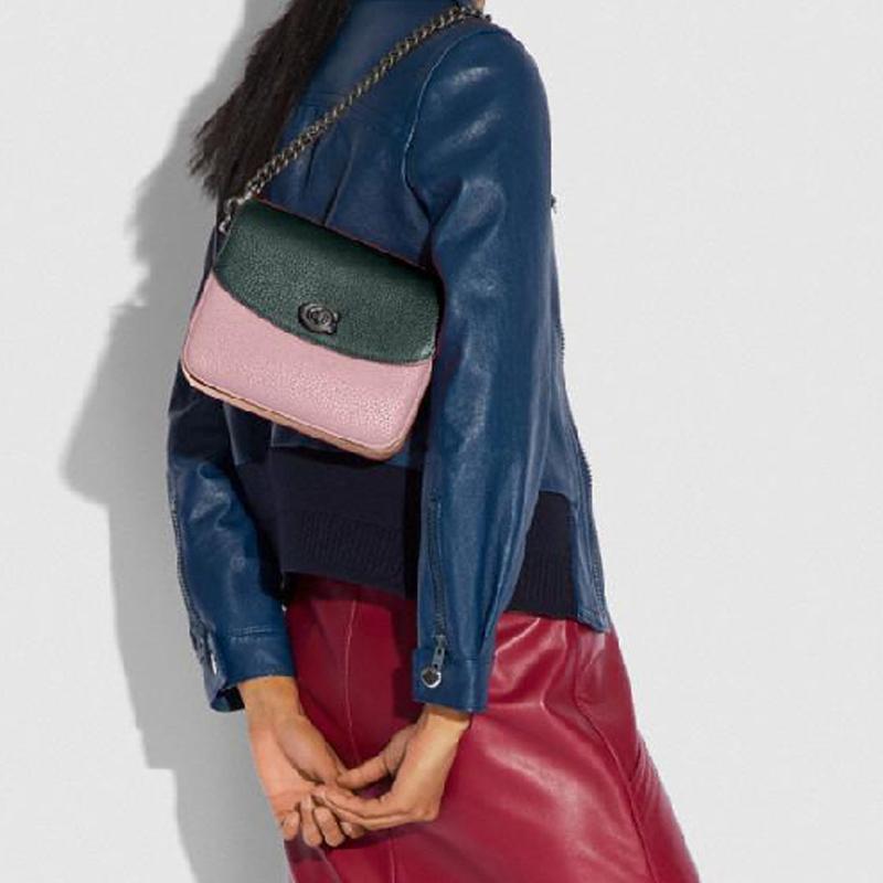 Coach Cassie 19 Color Block C Buckle Flap Leather Messenger Bag Women Bags Green Cherry-Blossom-Pink 89088-V5PTO