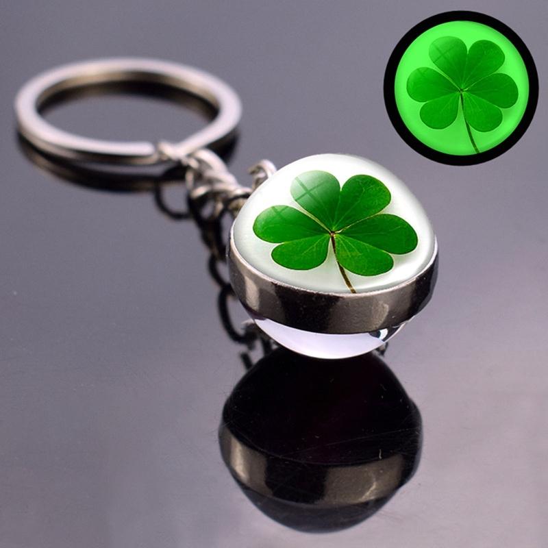 Clover Keychain Luminescent Four Leaf Clover Glass Ball Double Side Metal Pendant Keychain Lucky Jewelry Gift