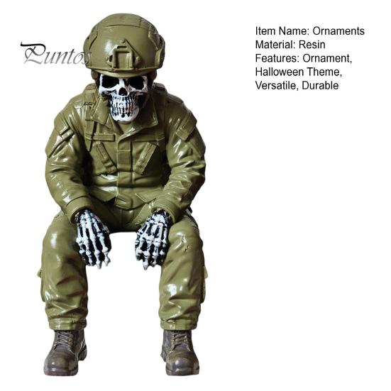 Dark Style Interior Decor Halloween Skeleton Ornament, Policeman/Military Resin Gothic Skull Figurine, Creative Crafts Sitting Pose Sculpture