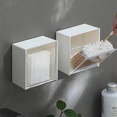 Thuis Badkamer Stofbestendig Wandmontage Klapdeksel Organizer Zonder Boren Flosstokjes Wattenstaafjes Make-up Watjes Opbergdoos Thuis Kantoorbenodigdheden Essentials Wit