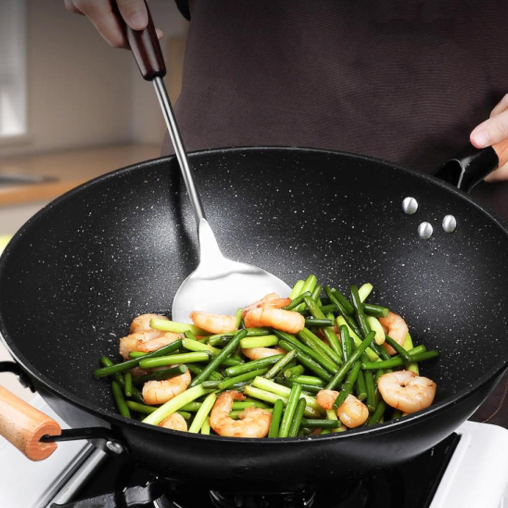 FJNATINH 4-Piece Stainless Steel Wok Utensil Set with Spatula, Ladle, Skimmer Spoon, and Slotted Spatula for Carbon Steel