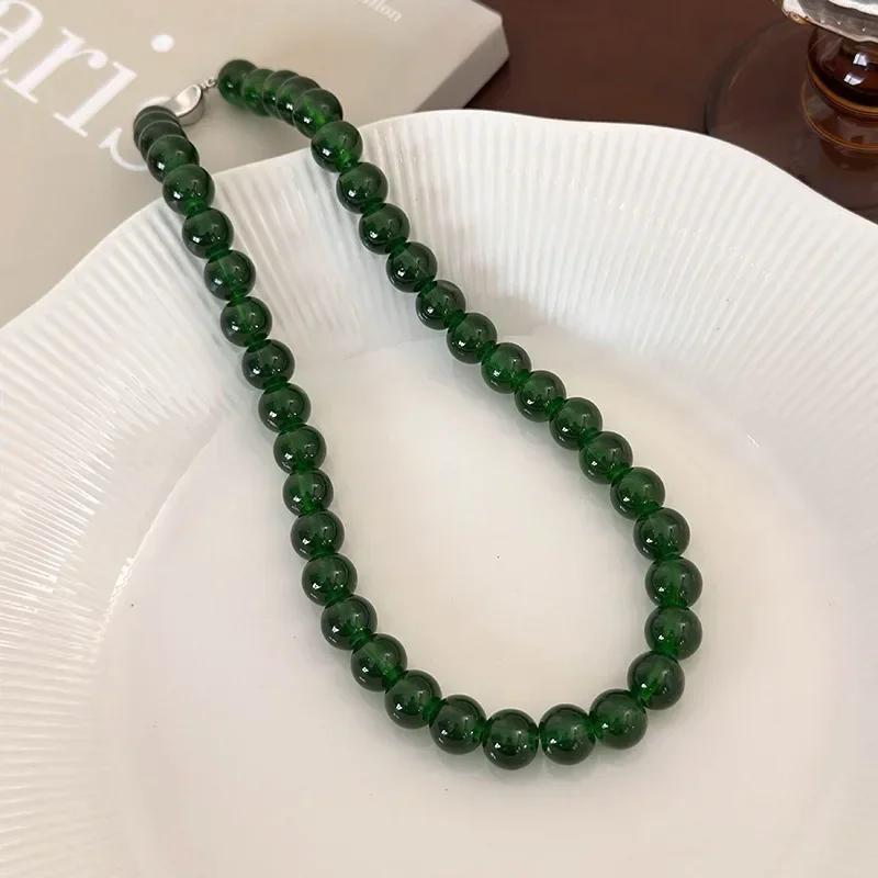 Minar 2026 New 4 6 8 10mm Green Color Glass Beads Strand Beaded Necklace for Women Female Silver Plated Toggle Clasp Chokers