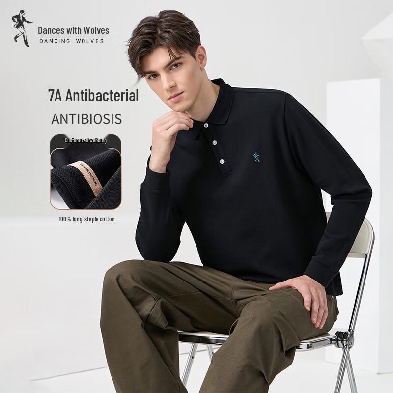 With Wolf Dance Men s Pure Cotton Antibacterial Long-Sleeve Polo Shirt 50