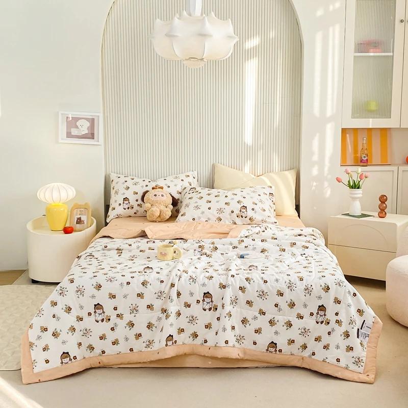 Fresh Floral Quilt 100% Cotton Flowers Print Air Conditioning Quilted Quilt Soft Breathable Lightweight Multifunction Blanket