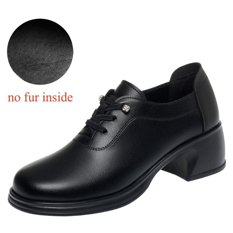 Breathable Comfortable Lace up Soft Leather Shoes Women Flats Spring 2025 Square Heels Black Shoes with Fur for Mom Work Dance