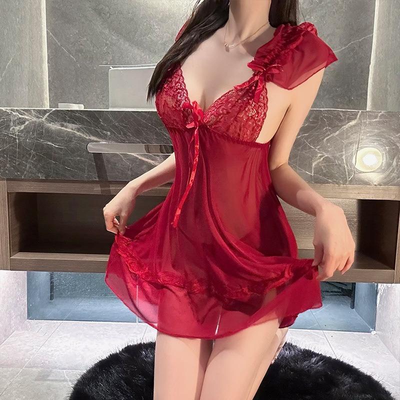 Sexy Deep V Lace Ladies Thin Perspective Lingerie Uniform