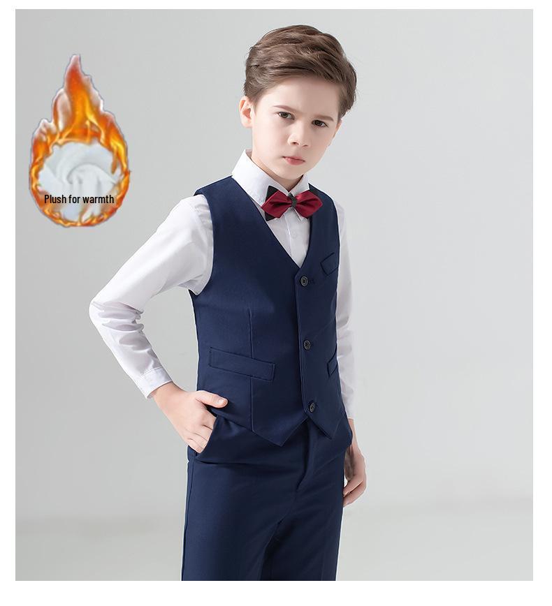 Boy's Formal Ensemble: Fleece White Shirt, Black Suit Pants, Vest, Page Boy Overalls, Performance Costume