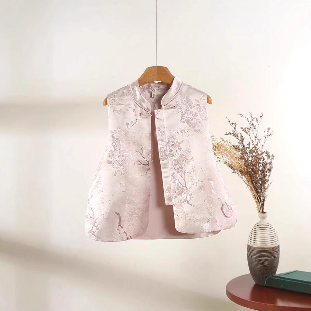 2025 early spring jacquard stand-up collar disc-buckled temperament vest high-end pink versatile top