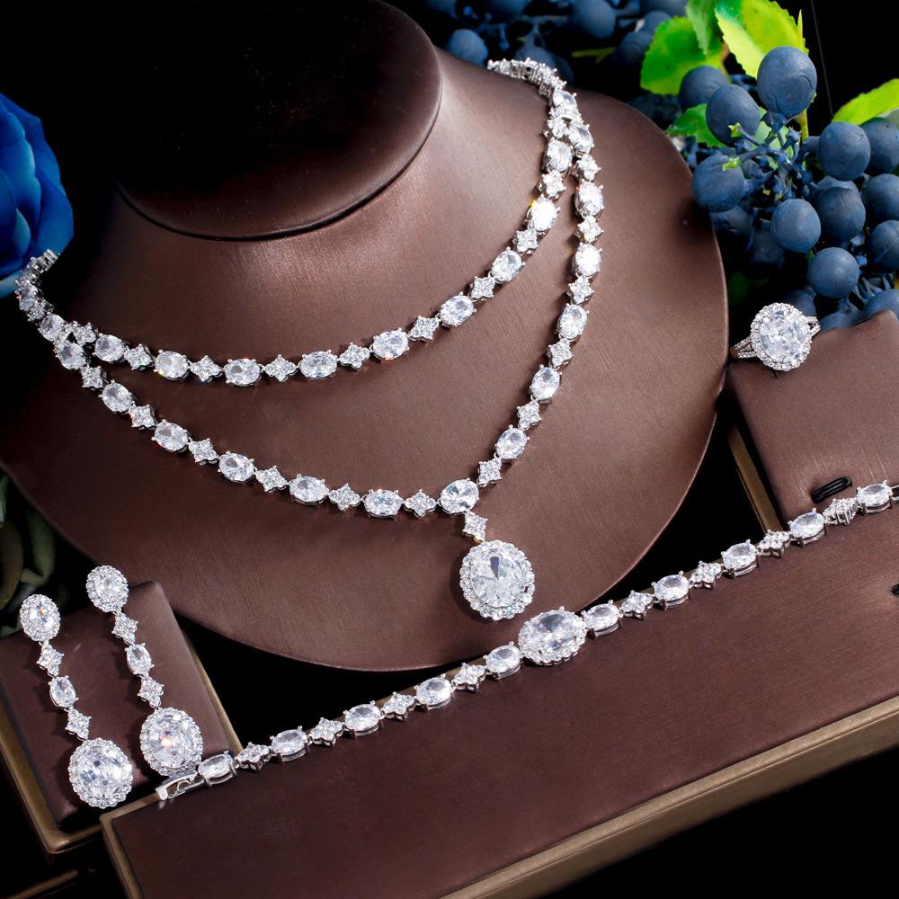 

Атмосферное двухслойное циркониевое колье, шейная цепочка, серьги, браслеты, кольца, набор из 4 предметов, свадебные аксессуары, большой набор.