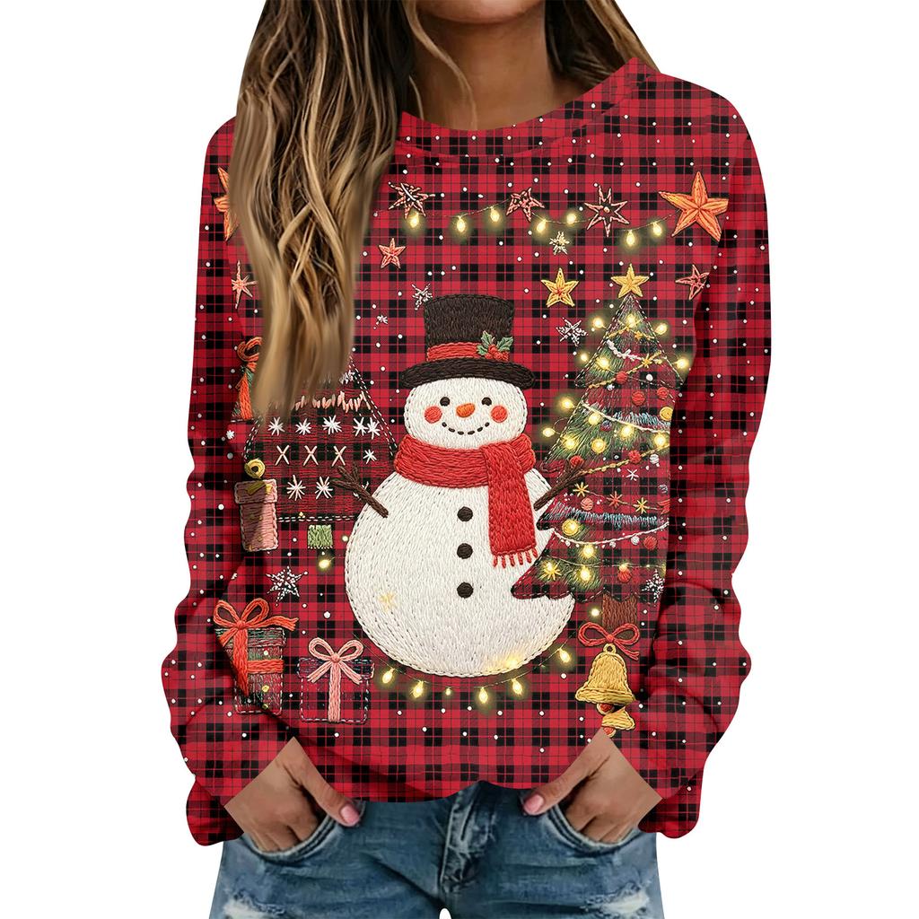 Women's Casual Long Sleeve Christmas Print Crewneck Top for Holiday Everyday Wear