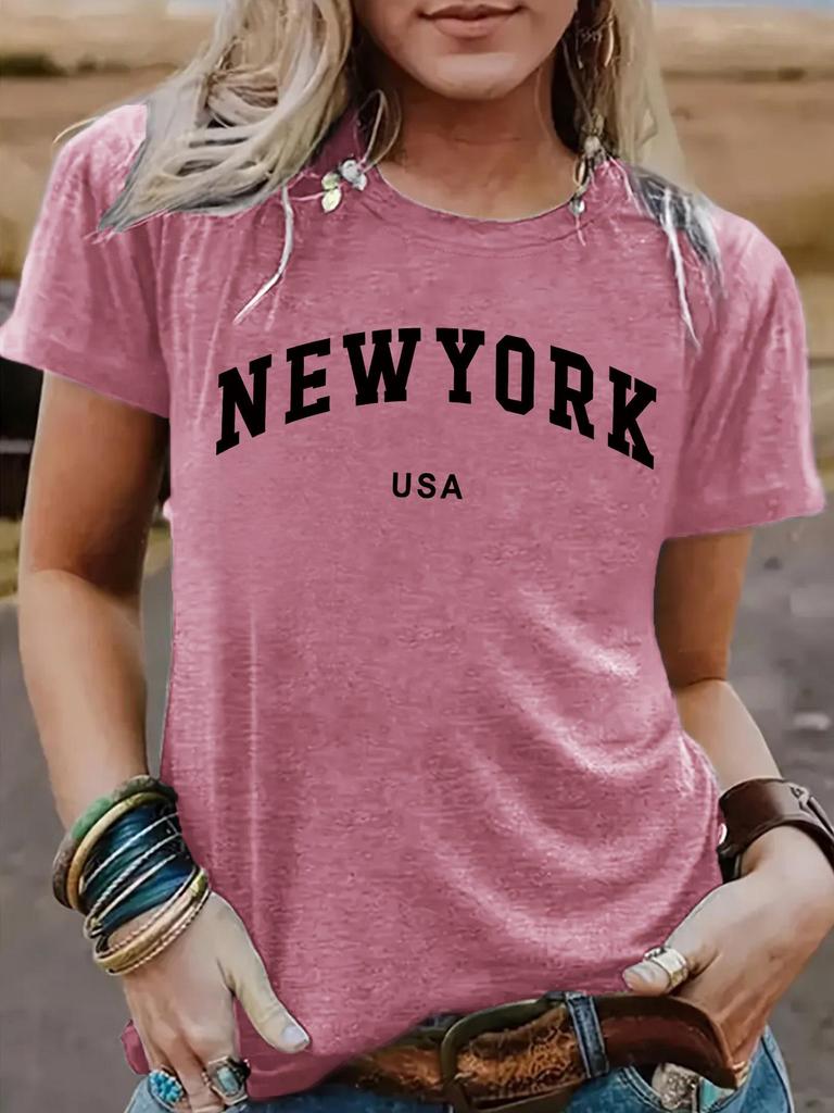 Women's Short-Sleeve Round Neck T-Shirt with NEW YORK Print - Stylish Summer Casual Wear