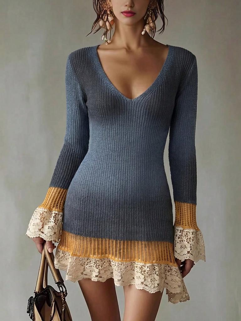Women's V-Neck Knit Dress, Long Sleeve for Spring and Fall