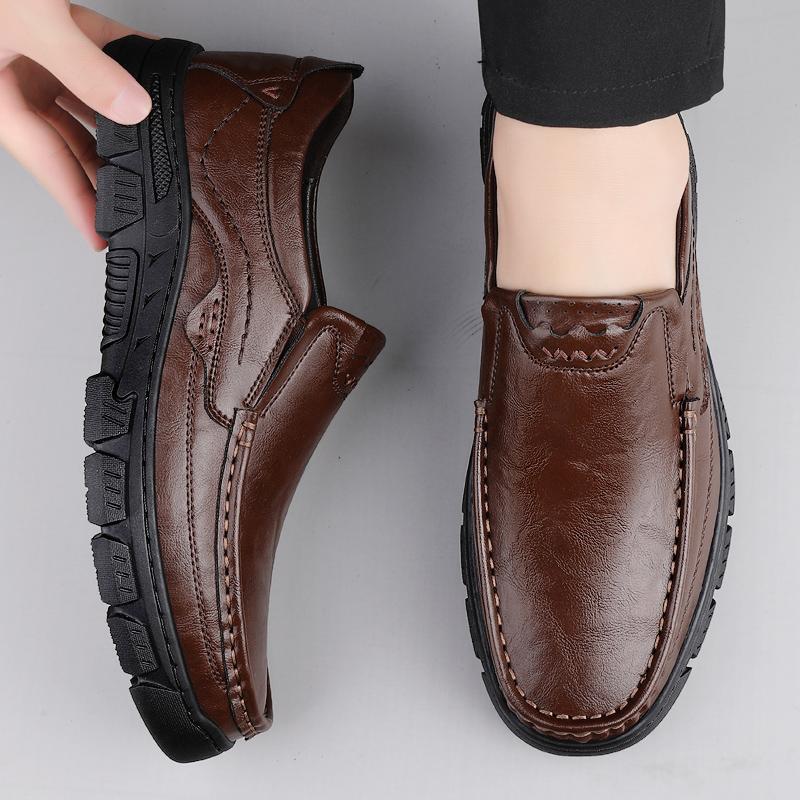 Italian Brand Thick Soled Handmade Sole Men's Leather Casual Shoes Fashionable New Men's Loafers Anti-skid Driving Shoes
