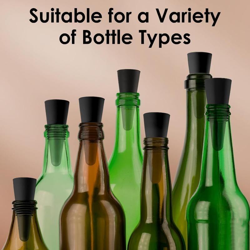 6PCS Black Silicone Wine Bottle Stopper with Threaded Seal Ring and StainlessTop, Suitable for Wine Bottles