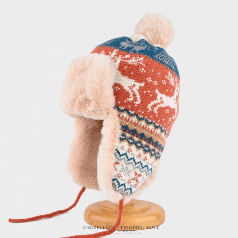 Knitted Winter Beanie Hat With Ear Protection Unisex Warm Fleece Lined Deer Motif Fair Isle Style