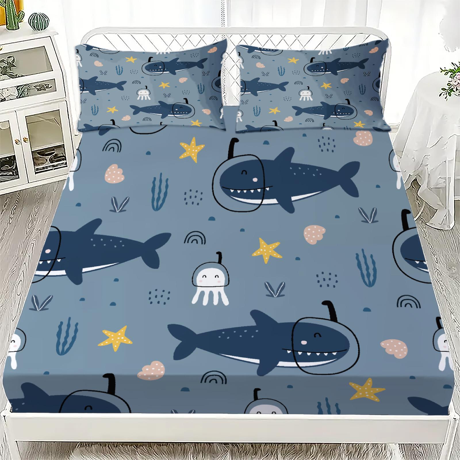 

3pcs Fitted Sheet Cute Cartoon Style Bedroom For Children Set Sharks Star Jellyfish Coral Sea Printed Bed Sheet With Pillowcases 99x190x25cm