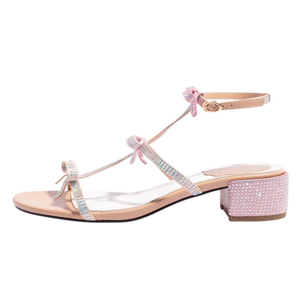2023 Stylish Rhinestone Bowknot Ankle Strap High Heel Sandals for Women