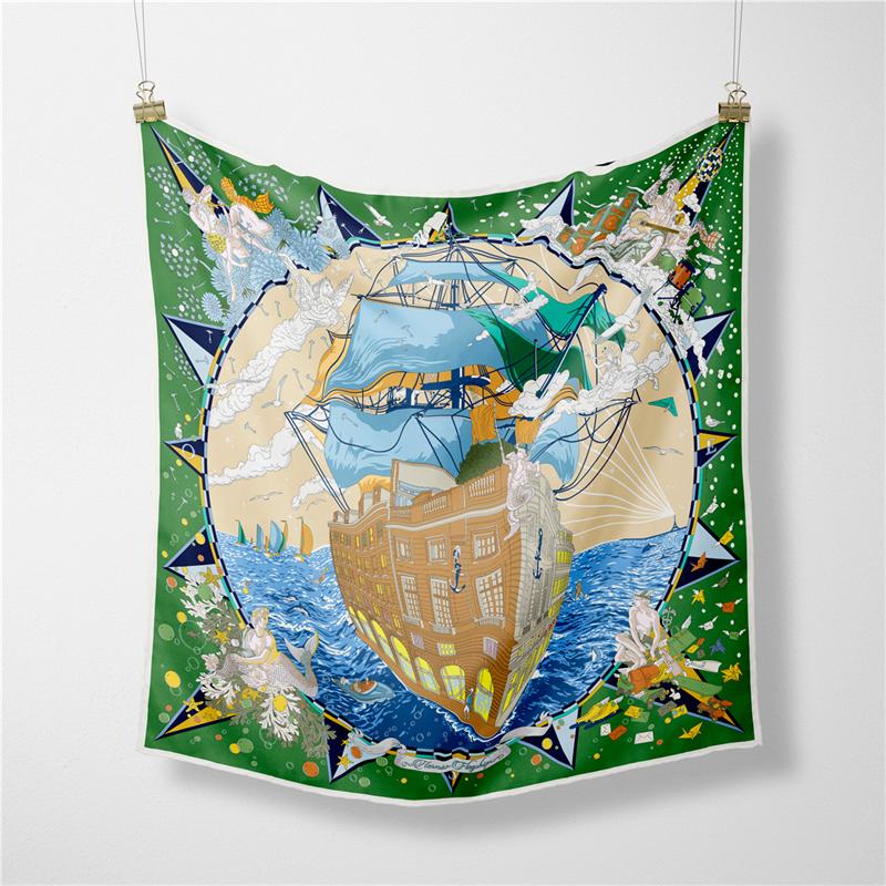 Twill Silk Scarf Woman Boat Print Square Scarves Wraps Bandana Small Hijab Silk Foulards Tie Headband Neckerchief 53CM