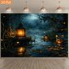 One Banner Featuring Retro Lanterns Misty Waterfalls Floating Leaves Deep Tree Shadows and Starlight Dots