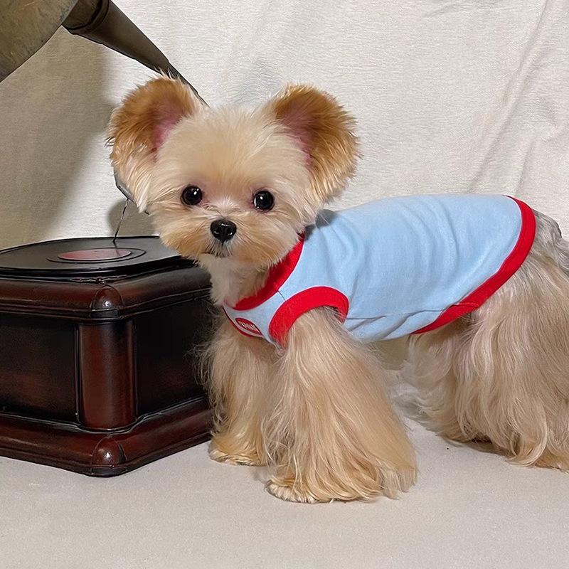 

Pet Clothes Yorkshire West Maltese Dog Small Dog New Breathable Elastic Contrasting Vest Clothes (Blue,XS（old）) синій