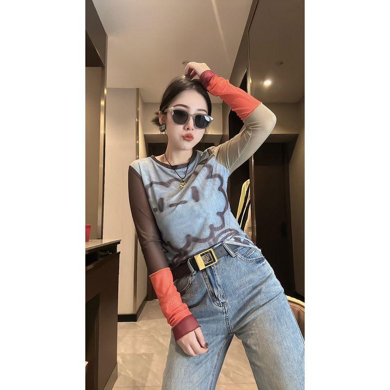 

European Goods 2024 Summer New Design Sense Clouds Multicolor Printing Mesh Long Sleeves T-shirt Female Slim Looking Sun Protection Top Picture Color L