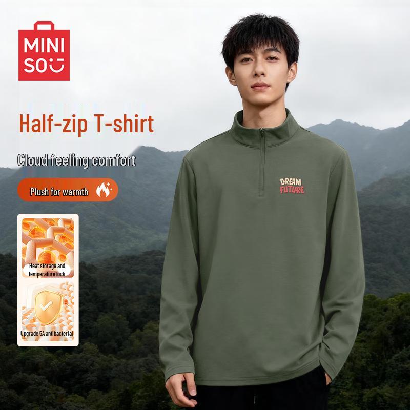 MINISO Men s Fleece-Lined Half-Zip Stand-Collar Thermal Shirt L