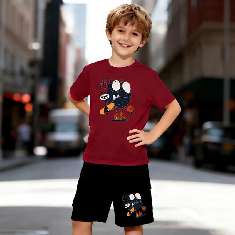 Boys 2 Piece Cartoon Little Monster Print Outfit, Short Sleeve T-Shirt and Shorts Set for Kids Age 5-14, Black and White Sporty Casual Summer Clothes