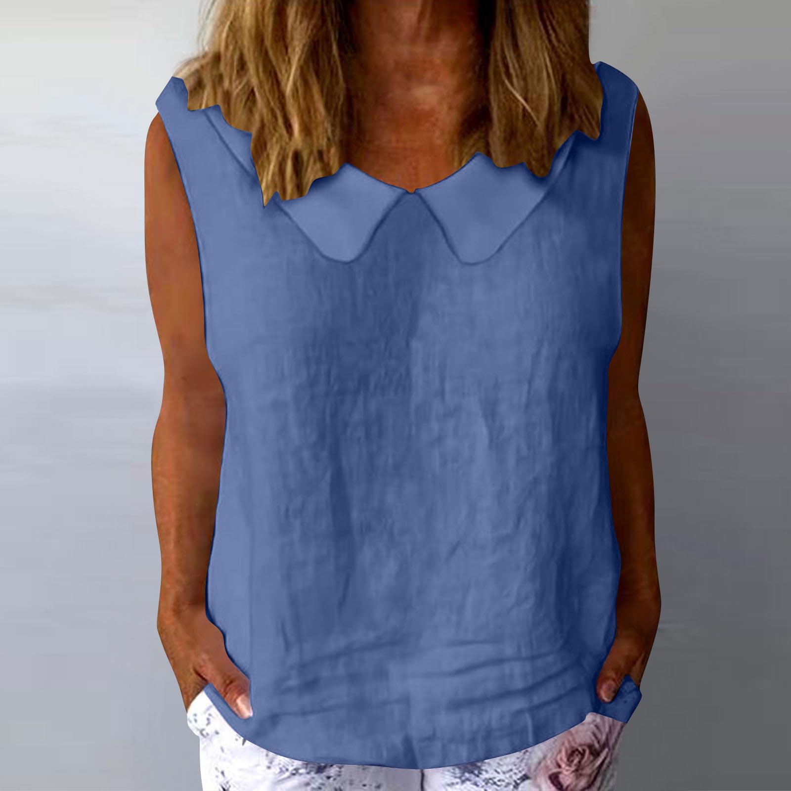 Women s Linen Shirts Lapel Sleeveless Tops  Button Down Shirts  Tank Tops L