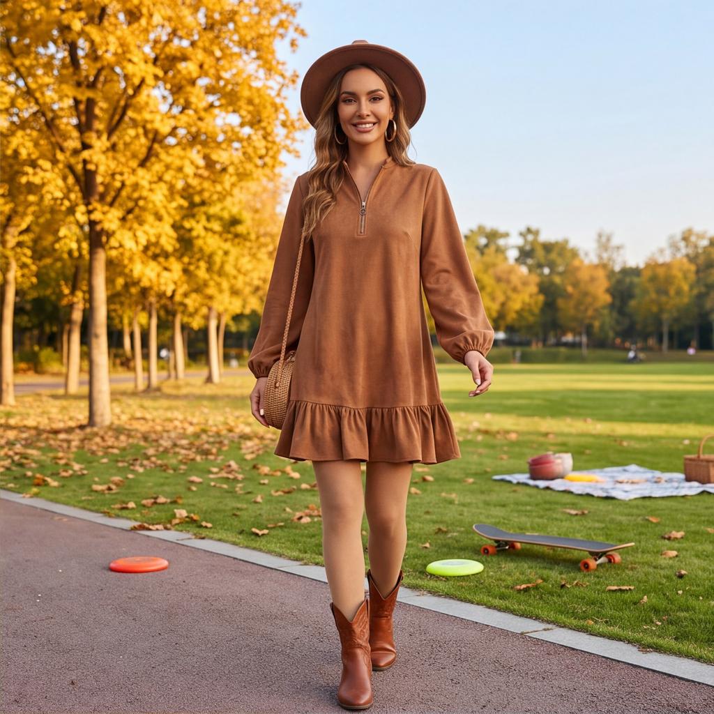 Women's Casual Long Sleeve Color Ruffle Hem Dress for Spring Summer and Everyday Wear