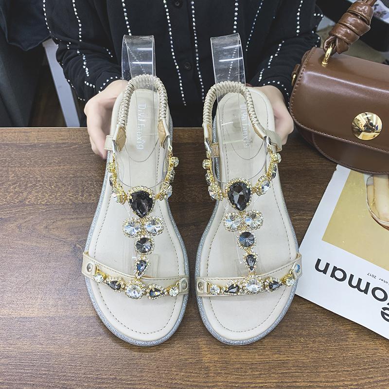 Fashion 5cm Wedge Heels Woman’s Luxury Designer Crystal Sandals Open Toe Back Strap Fashion Ladies Casual Shoes Summer Roman