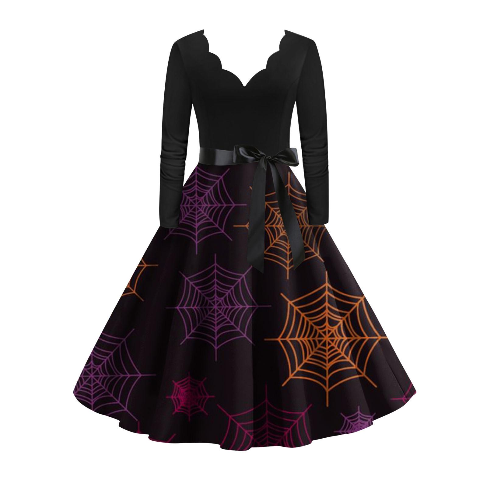 

Женское платье с расклешенным принтом на Хэллоуин с длинным рукавом и v-образным вырезом, вечерние повседневные платья XL чёрный