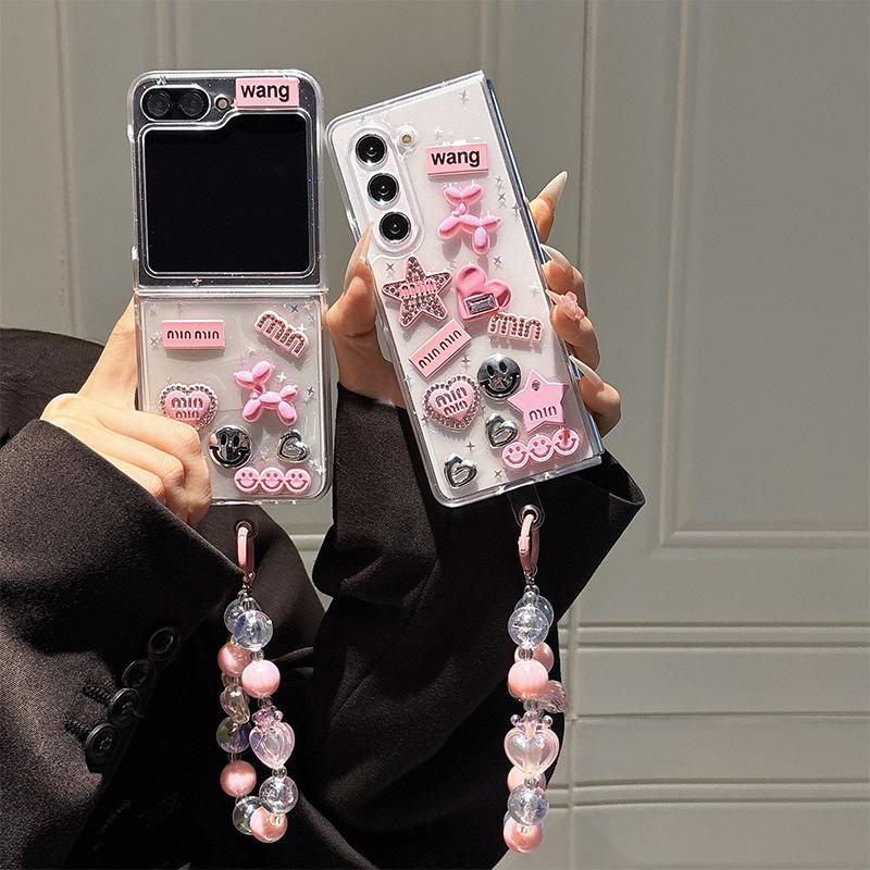For Samsung Zflip6 Clamshell Folding Screen Mobile Phone Case for Zfold7 Transparent Pink Five-pointed Star Puppy Love