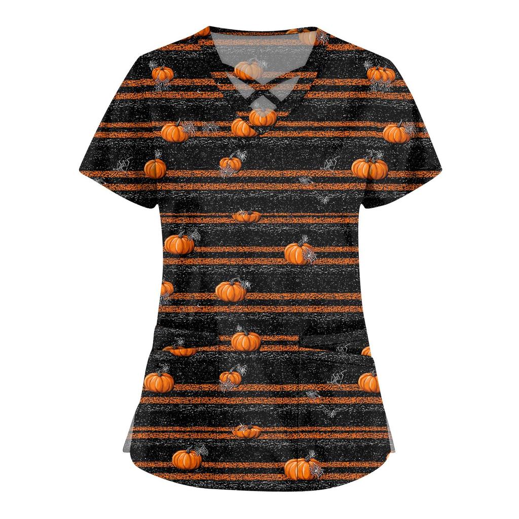 Women's Fashion  V-Neck Short Sleeve Overalls Double Pocket Halloween Printed Tops  Apparel