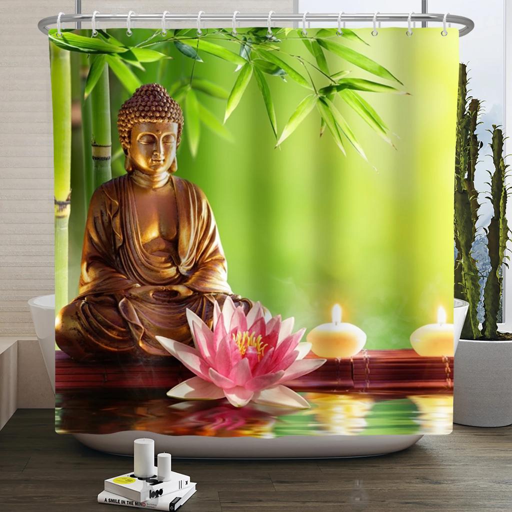 Zen Garden Shower Curtain Spa Green Bamboo Black Stone White Flower Bathroom Decor Supplies Bath Curtains Sets Polyester Fabric