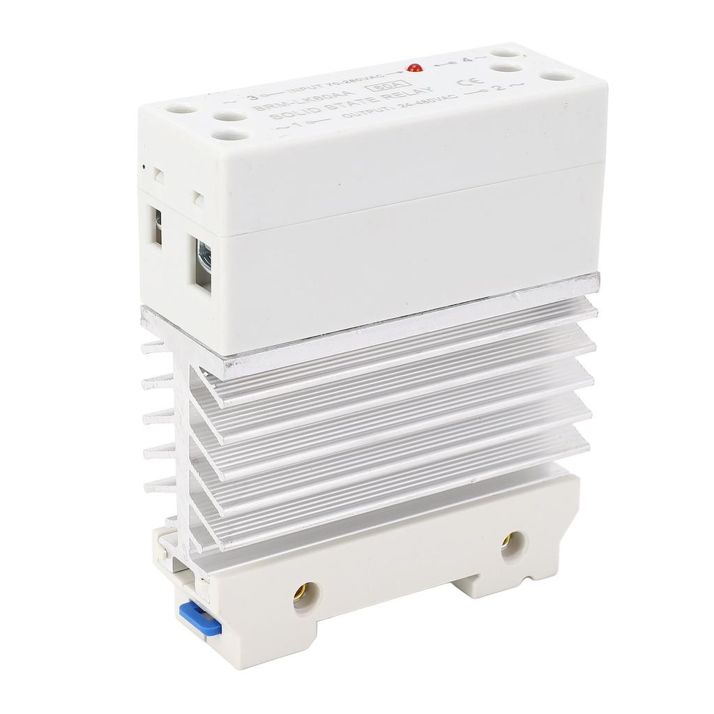 Single Phase SSR Module, 60A   State Relay, 70-280V AC to 24-480V AC, with Heat Sink for Standard 35mm Rail Mounting Design, Moisture Resistance