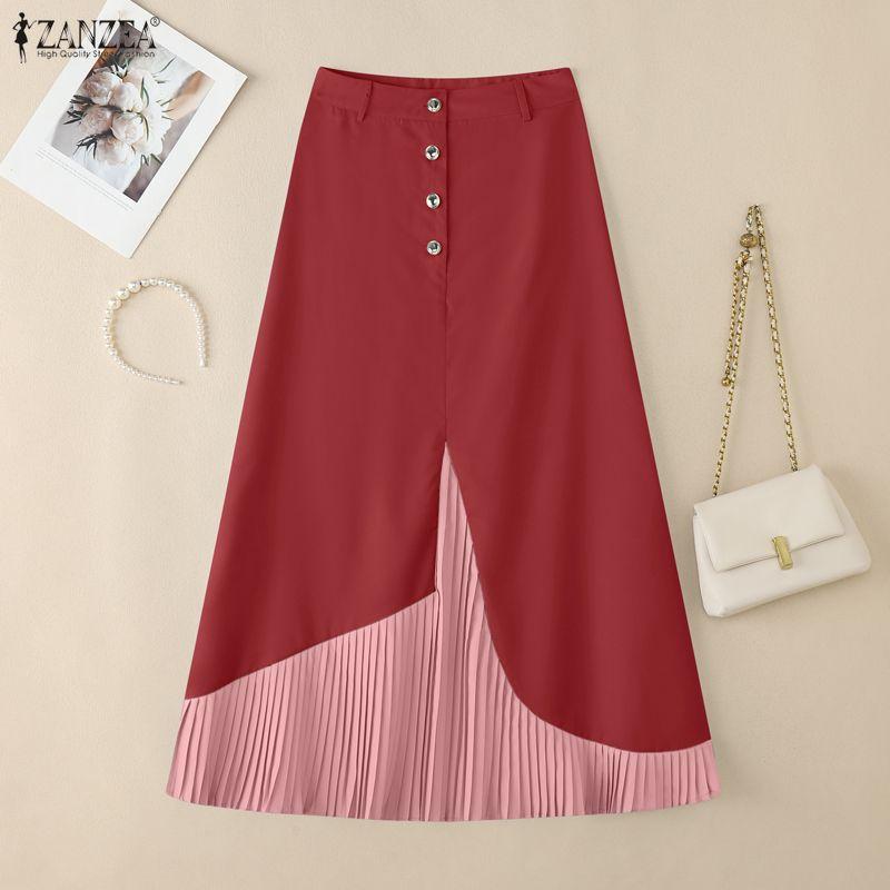 VONDA Women Casual Zip-up Waist Patchwork Pleating Loose A-line Long Skirts