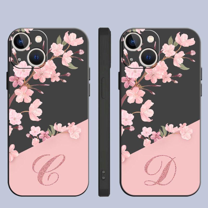 Case For Apple iPhone 14 13 11 12 Pro 7 XR X XS Max 8 Plus 6 6S SE 2022 13Pro Black Phone Funda Flower Letter Pink A B C Initial