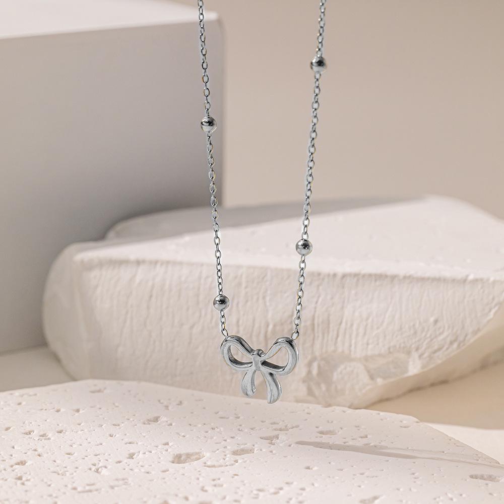 Korean Style Sweet Bow Pendant Geometric Snake Chain Titanium Steel Jewelry Set for Women