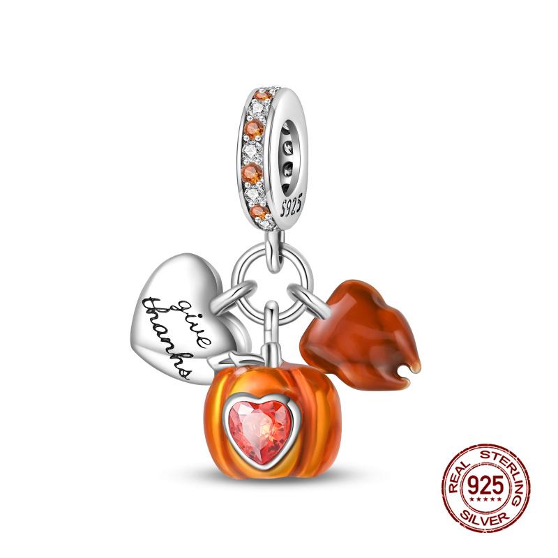 Charms Copper Autumn Pumpkins & Maple Leaves Charms Beads Fits 3Mm Original Bracelet Womens Diy Fine Jewelry Gifts