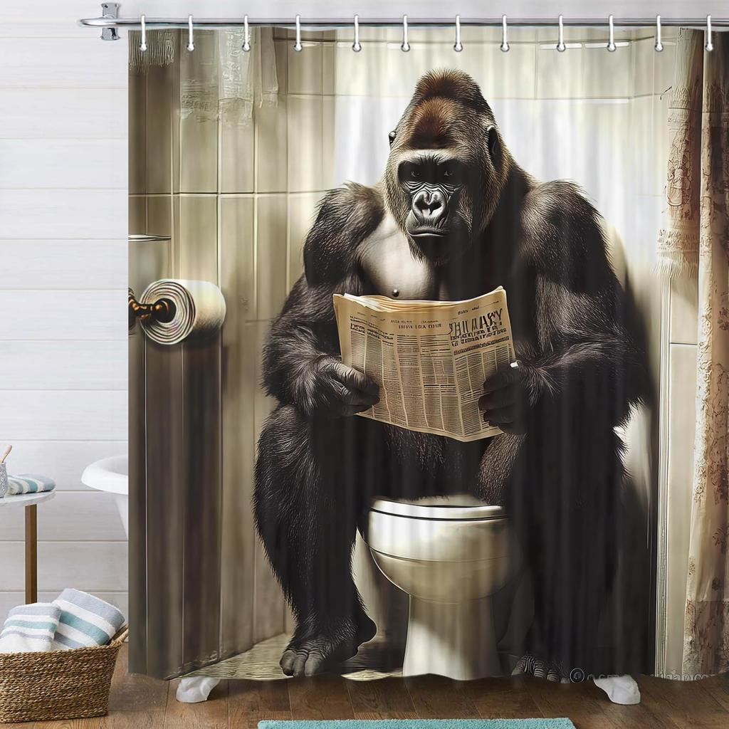 Gorilla Toilet Reading Newspaper Shower Curtain Funny Animal Print for Bathroom Decor