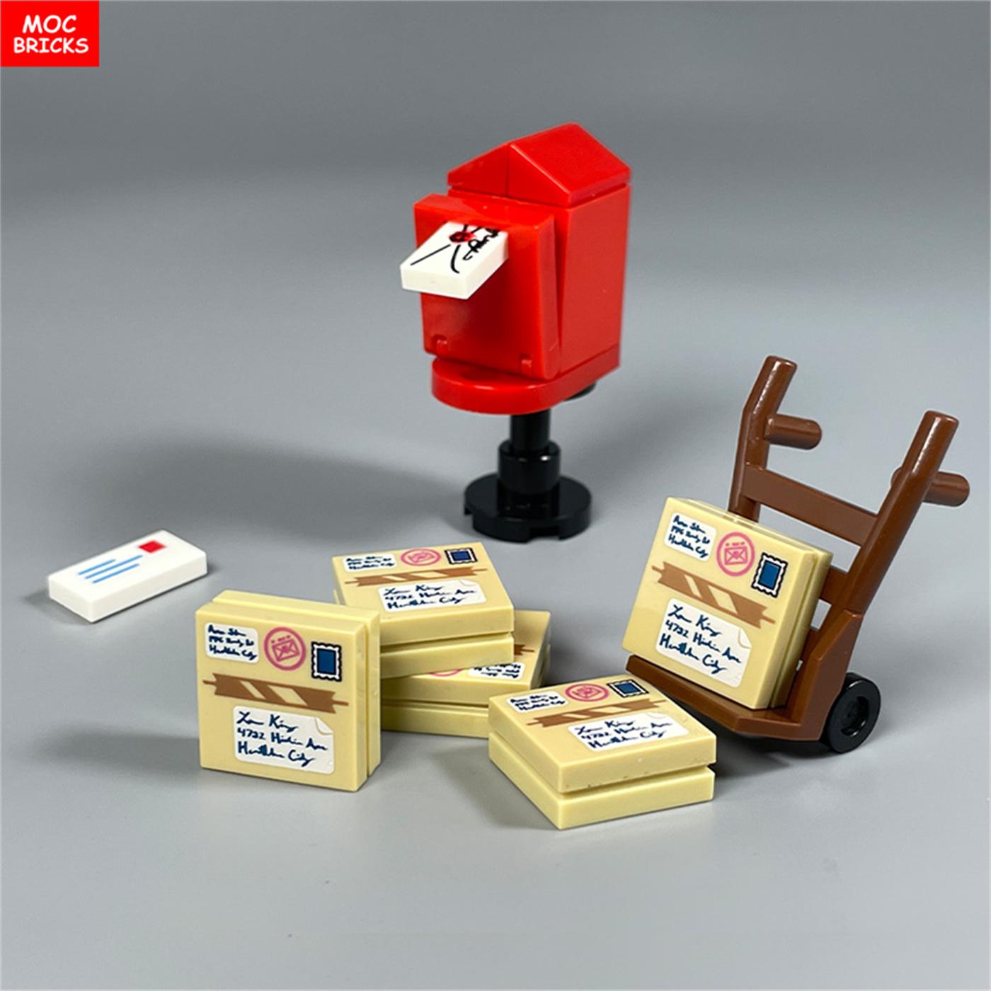 MOC Bausteine Stadt Straßenansicht Briefkasten Bausteine Briefkasten Paketwagen Kurier Brief Gedruckte Postkarte Kinderspielzeug Geschenke red