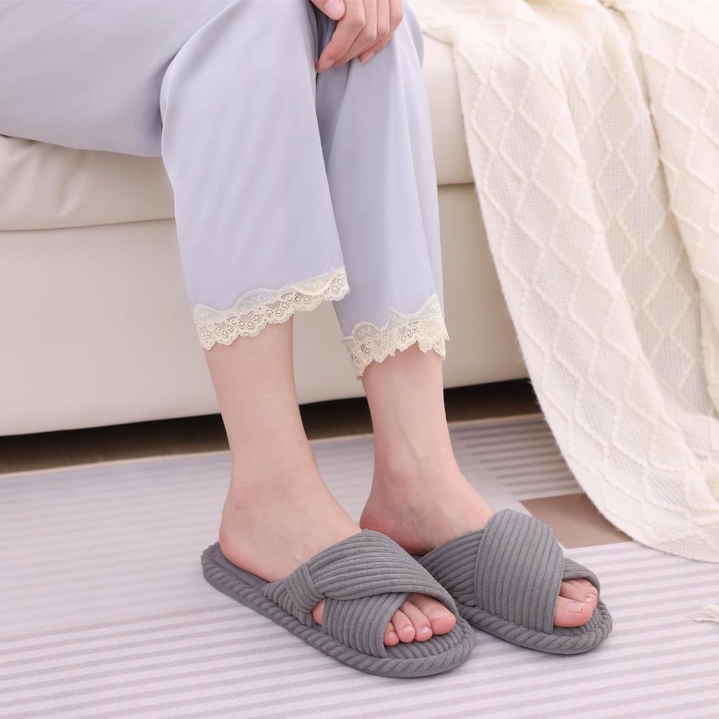 Fashion Shevalues Women Fluffy House Slippers Fashion Corduroy Cross Bow Indoor Slippers New Open Toe Slip On Bedroom Memory Foam Shoes