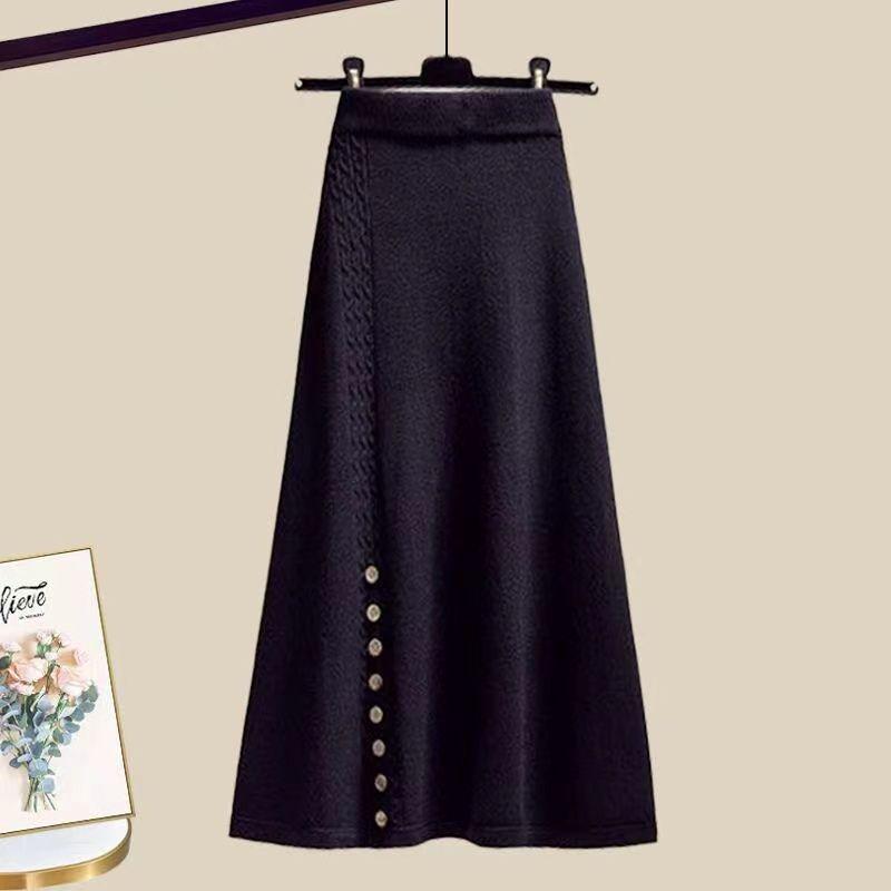 Zweiteiliges Set im koreanischen Stil für Frauen, grüne Pulloverjacke und Rock, Winteroutfit