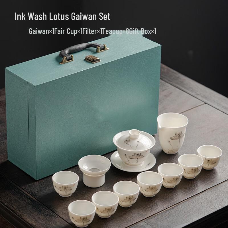 Meishangyuan Hand-Painted Ink Lotus Sancai Gaiwan Set
